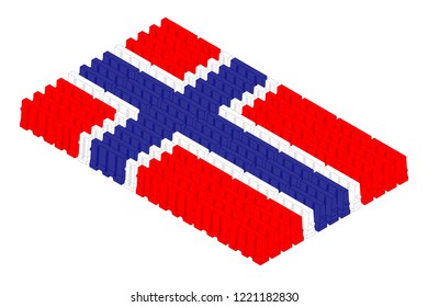 Isometric traffic plastic barriers in row, Norway national flag shape concept design illustration isolated on white background, Editable stroke