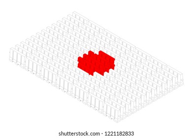Isometric traffic plastic barriers in row, Japan national flag shape concept design illustration isolated on white background, Editable stroke