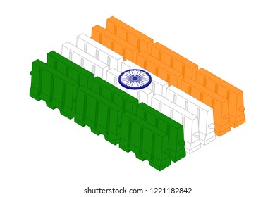 Isometric traffic plastic barriers in row, India national flag shape concept design illustration isolated on white background, Editable stroke