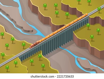 isometric train crossing over the bridge with river and trees