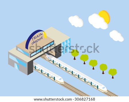 Isometric train depot with sun, clouds and trees. Two trains in the train depot. One train is departing. Vector and illustration design. 