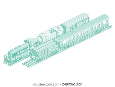 Isometrisches Triebwerk. Lokomotive mit Eisenbahntankwagen, Personenbahnwagen, Trichterwagen und Güterbahnwagen. Vektorillustration. Eisenbahn.