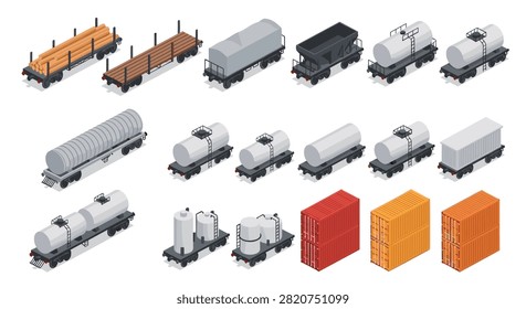 Isometric train freight wagons and cargo containers set including tankers, log carriers, and boxes on white background.