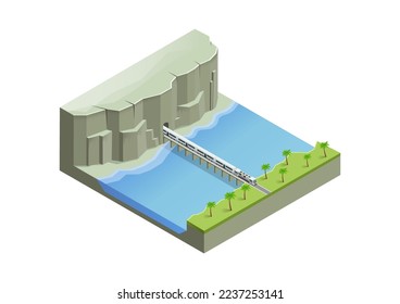 isometric of train going over the bridge coming out of the tunnel