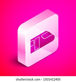 Isometric Train icon isolated on pink background. Public transportation symbol. Subway train transport. Metro underground. Silver square button. Vector Illustration