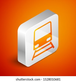 Isometric Train icon isolated on orange background. Public transportation symbol. Subway train transport. Metro underground. Silver square button. Vector Illustration