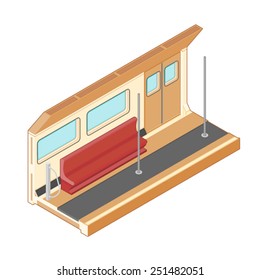 Isometric Train Interior With Seating. Interior Of Train Or Metro.