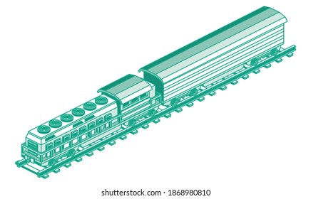 Isometric Train Locomotive. Vector Illustration. Outline Cargo Train Isolated on White. Railroad Elements.