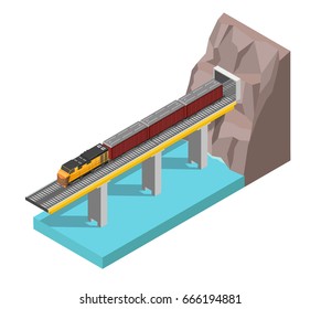 Isometric train outdoor with mountains bridge colorful vector