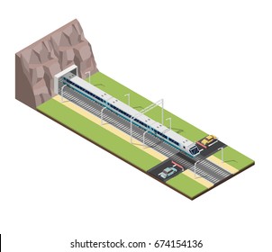 Isometric Train Railroad And Cars Vector Illustration Background