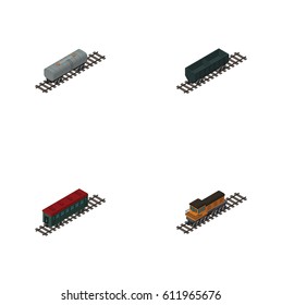 Isometric Train Set Of Carbon Railway Container, Oil Wagon, Subway Vehicle And Other Vector Objects. Also Includes Passenger, Wagon, Oil Elements.
