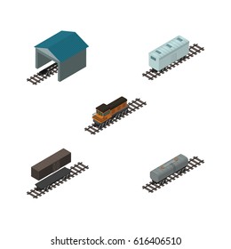 Isometric Train Set Of Depot, Delivery Tank, Oil Wagon And Other Vector Objects. Also Includes Petroleum, Tank Elements.
