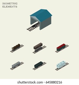 Isometric Train Set Of Lumber Shipping, Carbon Railway Container, Oil Wagon And Other Vector Objects. Also Includes Stop, Oil, Wagon Elements.
