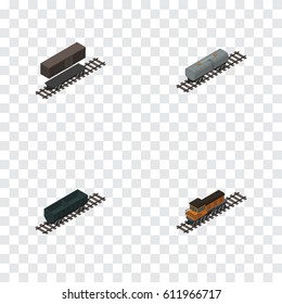 Isometric Train Set Of Oil Wagon, Train, Delivery Tank And Other Vector Objects. Also Includes Coal, Train, Oil Elements.