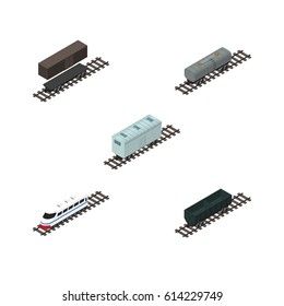 Isometric Train Set Of Railroad Carriage, Underground, Oil Wagon And Other Vector Objects. Also Includes Carriage, Container, Metal Elements.