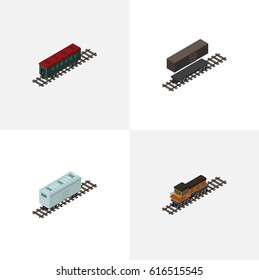 Isometric Train Set Of Railroad Carriage, Delivery Tank, Subway Vehicle And Other Vector Objects. Also Includes Railway, Metal, Passenger Elements.