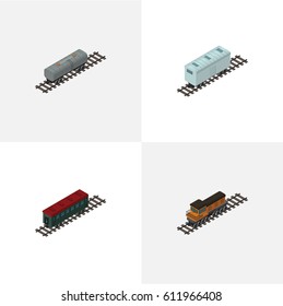 Isometric Train Set Of Train, Subway Vehicle, Railroad Carriage And Other Vector Objects. Also Includes Train, Carriage, Oil Elements.