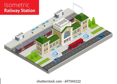 isometric Train Station building with passenger trains, platform. 
Vector isometric infographic element or icon Public transportation