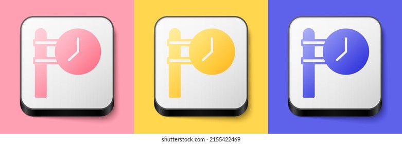 Isometric Train station clock icon isolated on pink, yellow and blue background. Square button. Vector