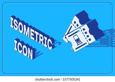 Isometric Train ticket icon isolated on blue background. Travel by railway.  Vector Illustration