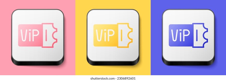 Isometric Train ticket icon isolated on pink, yellow and blue background. Travel by railway. Square button. Vector