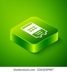 Isometric Train ticket icon aislado en el fondo verde. Viajes por ferrocarril. Botón cuadrado verde. Vector