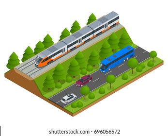 Isometric Train Tracks And Modern Train. Railroad Icons. Modern High Speed Red Commuter Train. Flat 3d Isometric Vector Illustration. For Infographics And Design Games. 