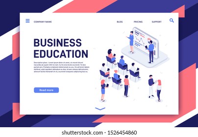 Isometric training. Business team professional education trainings, teambuilding teacher and motivation lecture. Developers coaching meeting, teamwork development presentation vector illustration