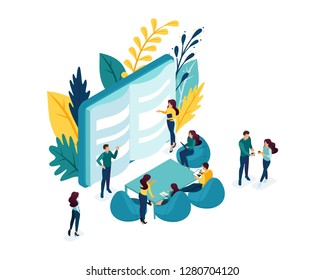 Isometric Training of office staff. Increase sales and skills. Team thinking and brainstorming. Analytics of company information. Concept for web design.