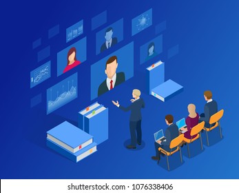 Isometric Training, Online Learning, Webinar, Online Education, Business Training. Flat Vector Illustration Knowledge Expertise Intelligence Learn Concept