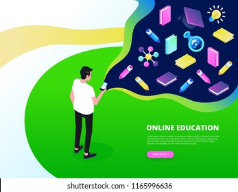 Isometric Training, Online Learning, Webinar, Online Education, Business Training. Vector Illustration Knowledge Expertise Intelligence Learn Concept