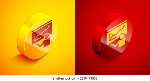 Isometric Training, presentation icon isolated on orange and red background. Circle button. Vector