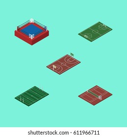 Isometric Training Set Of Volleyball, Fighting, B-Ball And Other Vector Objects. Also Includes Rugby, Volleyball, Arena Elements.