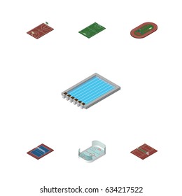 Isometric Training Set Of Volleyball, Run Stadium, Soccer And Other Vector Objects. Also Includes Football, Volleyball, Playground Elements.