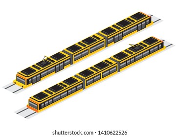Isometric Tram Isolated on White. Vector Illustration. Railway Electric Train. Forward and Backward.