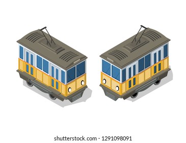 Isometric tram metro urban transport urbanistic elements of the urban economy structure.