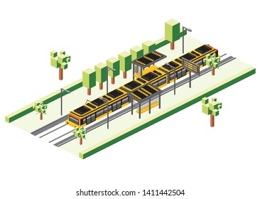 Isometric Tram Station Isolated on White. Vector Illustration. Railway Electric Train. City Scene with Road and Green Tree.