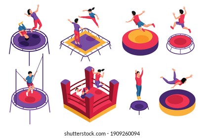 Isometric trampoline jumping set of isolated icons with bouncy houses of various shape with jumping kids vector illustration