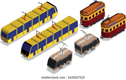 Isometric trams - 2 sides for old and modern trams. High detail and isolated.