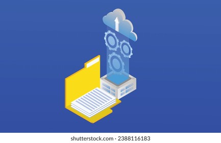 Isometric Transfer data to cloud server.on blue background.3D design.isometric vector design Illustration.