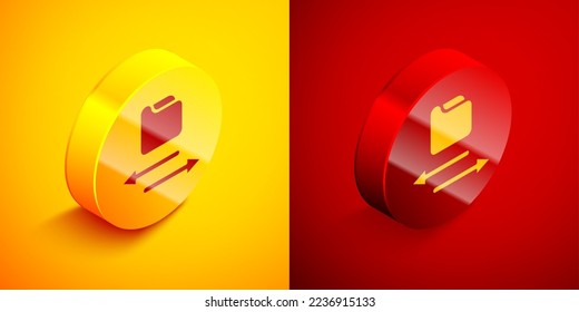 Isometric Transfer files icon isolated on orange and red background. Copy files, data exchange, backup, PC migration, file sharing concepts. Circle button. Vector