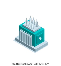 isometric transformer box in color on a white background, electrical equipment or electricity networks and clean energy