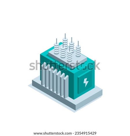 isometric transformer box in color on a white background, electrical equipment or electricity networks and clean energy