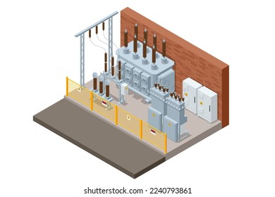 Isometric Transformer . Electric Energy Factory Distribution Chain. Isolated set Icon Energy Substation. High-Voltage Power Station.