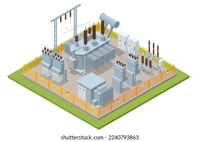 Transformador isométrico. Cadena de distribución de la fábrica de energía eléctrica. Subestación de energía de iconos de conjunto aislado. Estación de alimentación de alta tensión.