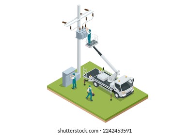 Isometric Transformer . Electric Energy Factory Distribution Chain. Maintenance of voltage transformer, repair of power lines, work at height in helmets on crane in cradle