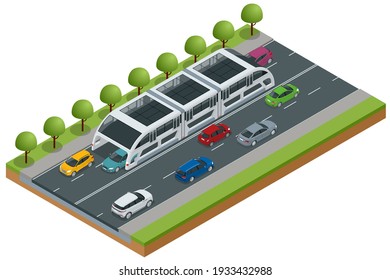 Isometric Transit Elevated Bus in China. Straddling bus, straddle bus, land airbus, or tunnel bus Road vehicle designed to carry many passengers.