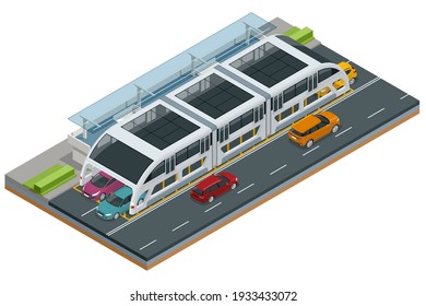 Isometric Transit Elevated Bus in China. Straddling bus, straddle bus, land airbus, or tunnel bus Road vehicle designed to carry many passengers.