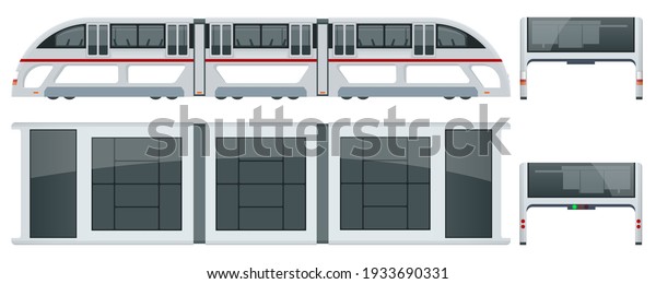 Isometric\
Transit Elevated Bus in China. Straddling bus, straddle bus, land\
airbus, or tunnel bus Road vehicle designed to carry many\
passengers. Side, top, front and back\
views
