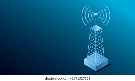 Isometric transmission tower. Connection signal antenna. Wifi internet network on blue background. Communication telecom wireless tower for 5g mobile technologies.